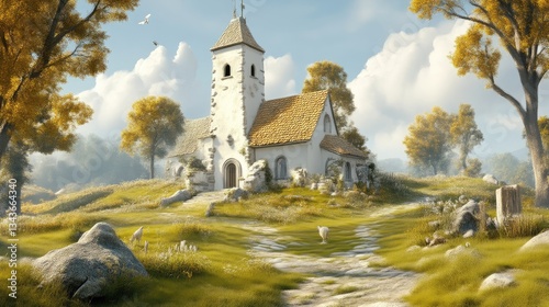 A quaint, sunlit church nestled on a grassy hill.  Tranquil rural scene with trees and sheep