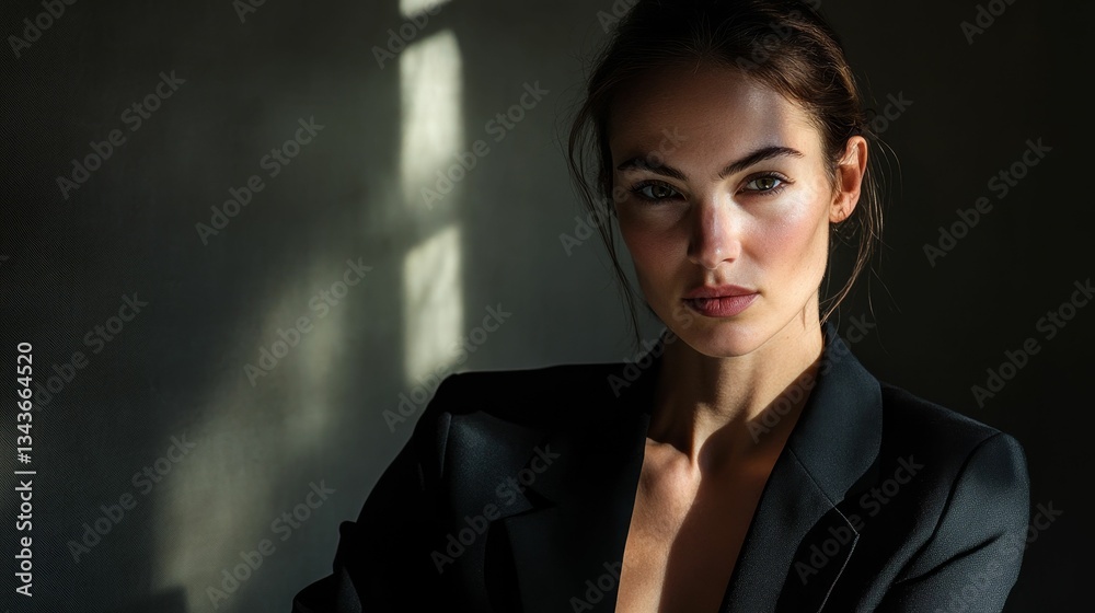 Confident woman stares beside window with sunlight. Confident woman stares beside window with sunlight.