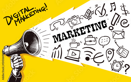 Hand drawn megaphone holding hand announcement design elements digital marketing background