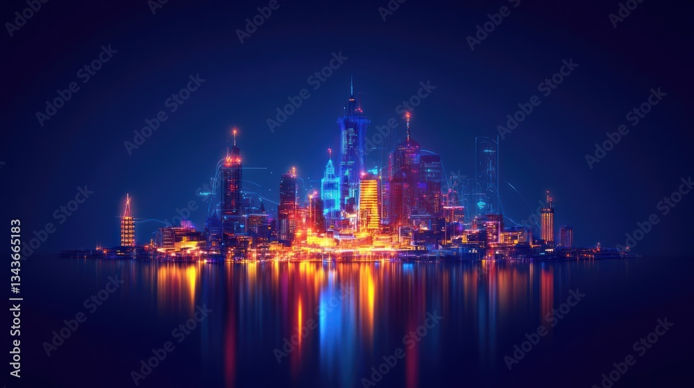 Futuristic city skyline at night, reflected on water, digital art, possible use for background, wallpaper Futuristic city skyline at night, reflected on water, digital art, possible use for background, wallpaper
