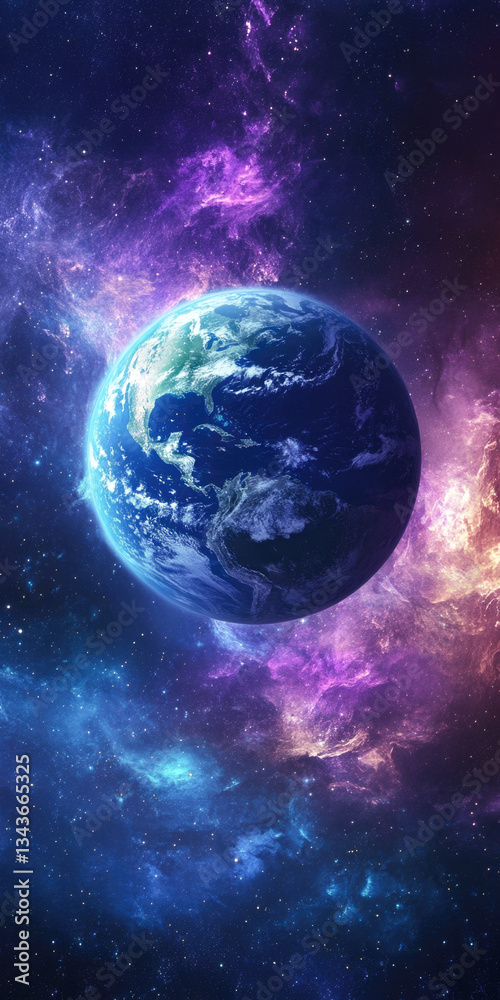 Obraz premium Earth in vibrant cosmic nebula with stunning purple and blue space background