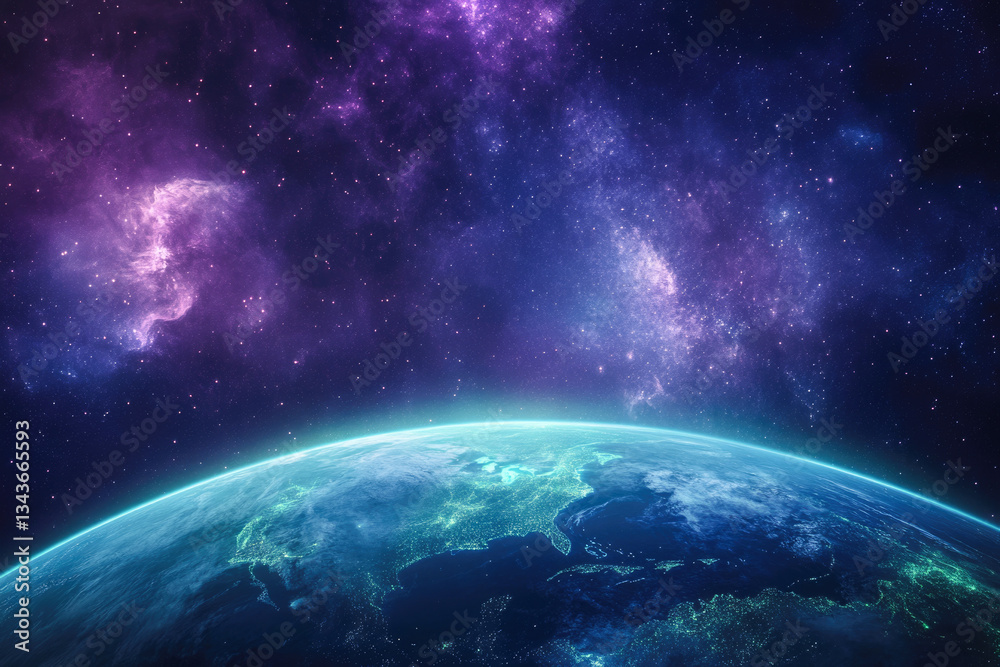 Obraz premium Stunning cosmic scenery: glowing earth against vibrant galaxy backdrop