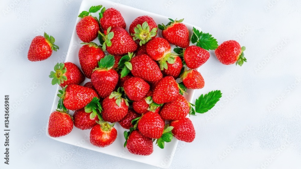 Vibrant Strawberry Bounty: A close-up image of a square plate overflowing with ripe, juicy strawberries, showcasing their vibrant red hue and fresh green leaves. Vibrant Strawberry Bounty: A close-up image of a square plate overflowing with ripe, juicy strawberries, showcasing their vibrant red hue and fresh green leaves.