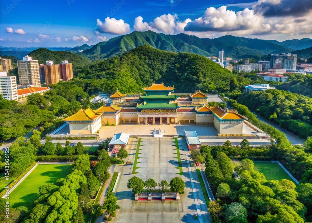 Fototapeta premium Aerial View of Taipei National Palace Museum, Stunning Architecture, Green Landscape, Taiwan