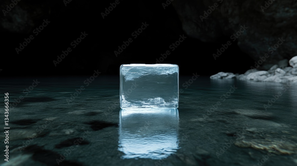 A large, clear ice cube floats on dark water in a cave
