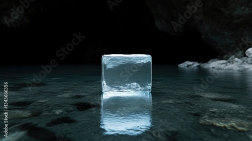 Obraz na płótnie A large, clear ice cube floats on dark water in a cave w salonie