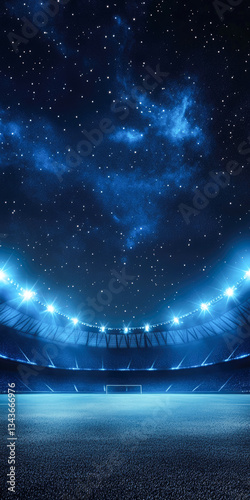 Illuminated night soccer stadium under starry sky with bright floodlights