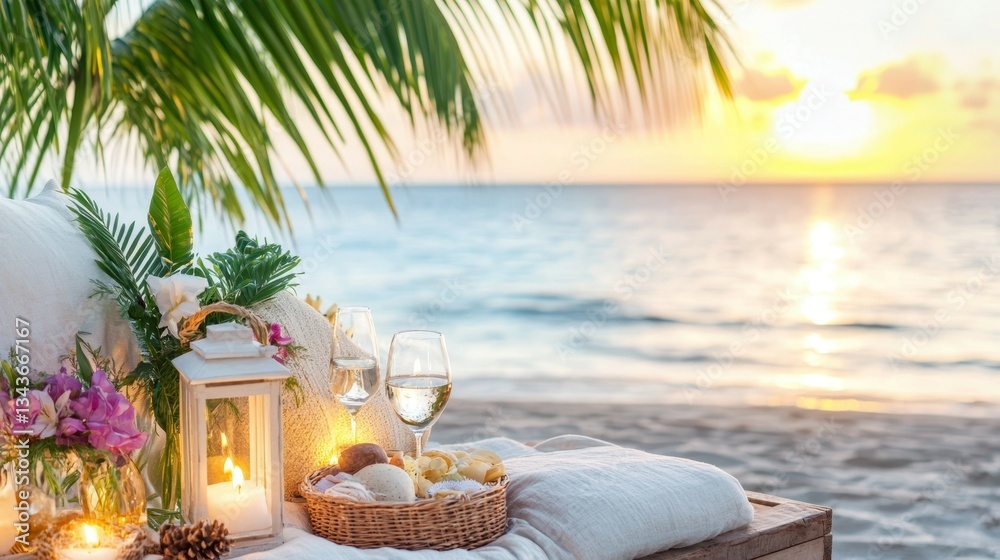 Obraz premium Paradise Found: A romantic beach scene at sunset, complete with sun loungers, wine glasses, and flowers. Capturing the essence of relaxation and blissful escape. 