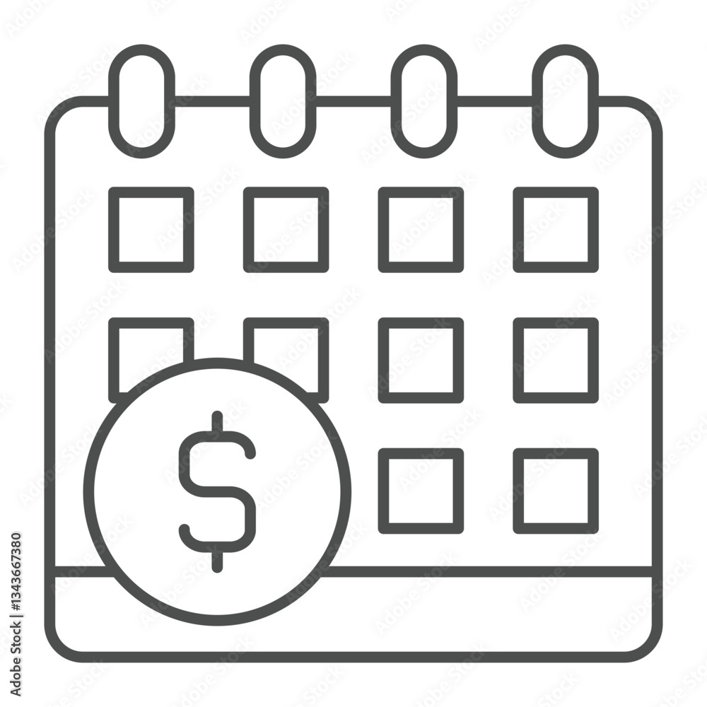 Calendar with dollar thin line icon, bank account concept. Vector graphics. Appointment sign on white background, outline style icon for mobile or web design.