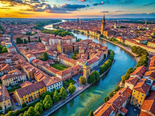 Aerial View of Verona, Italy: Adige River & Downtown Panorama