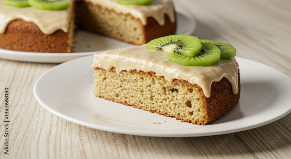 Serving of Cake with Kiwi on Plate Close Up View Serving of Cake with Kiwi on Plate Close Up View