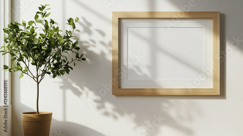 Wooden Frame Mockup with White Mat and Potted Plant in Bright Room  