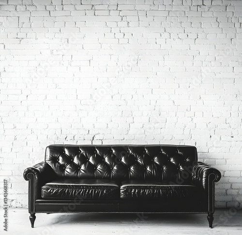 Black leather sofa against a white brick wall background, black and white photography. 