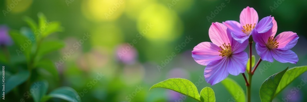 Blurred green leaves frame vibrant purple flowers in a serene garden setting, vibrant, blurred background, nature Blurred green leaves frame vibrant purple flowers in a serene garden setting, vibrant, blurred background, nature