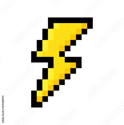 Pixelated lightning bolt icon, Electric energy, Digital power, Yellow spark, Retro design.