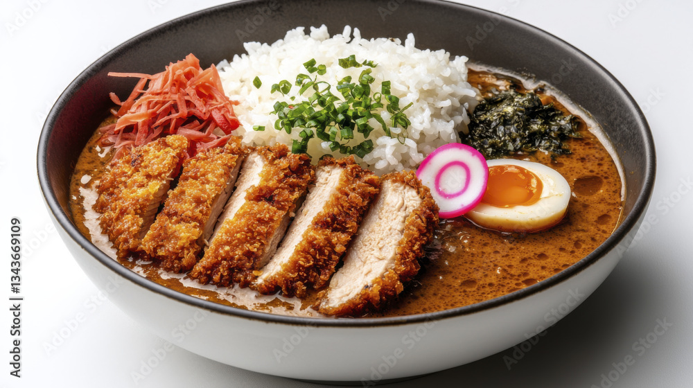 Delicious ramen bowl featuring crispy chicken, rice, egg, and toppings Delicious ramen bowl featuring crispy chicken, rice, egg, and toppings