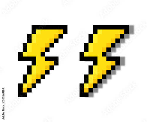 Pixelated lightning bolt icons, Electric energy, Digital power, Yellow spark, Retro design, shadow..