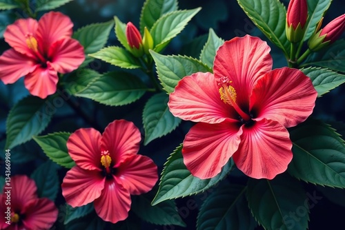 Intricate hibiscus blossoms, lush leaves, repeating pattern , yellow, floral, leaf