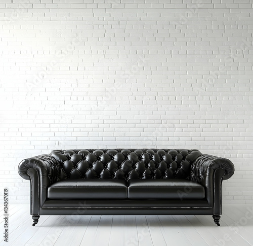 Black leather sofa against a white brick wall background, black and white photography. 