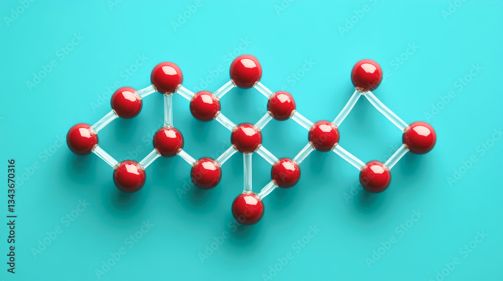 Obraz premium Red atomic structure model on blue background showcasing molecular geometry