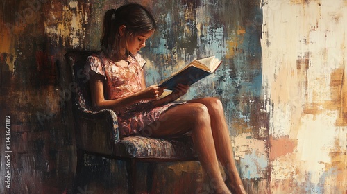 Young Girl Sitting on Chair Reading Book - Leisure Time Educational Activity