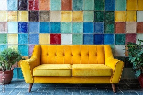 A cozy yellow sofa in a room with a colorful tile wall, creating a vibrant and inviting space.