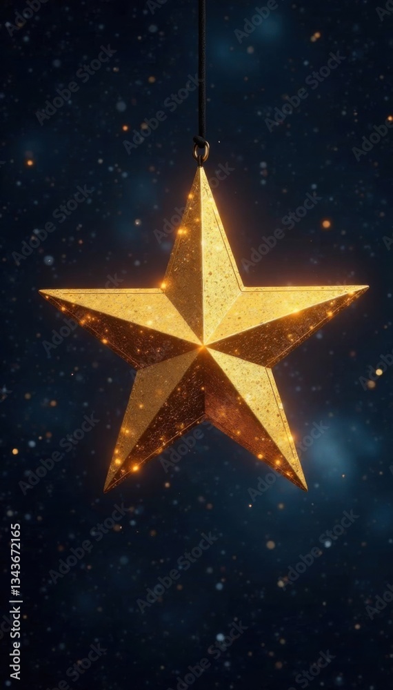 Shining gold star suspended from black thread hanging in space , celestial, gold Shining gold star suspended from black thread hanging in space , celestial, gold