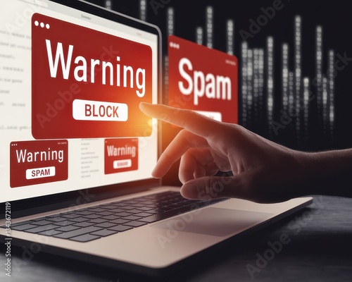 Spam email prevention concepts. A hand hovering over a laptop screen displaying warning messages about spam.