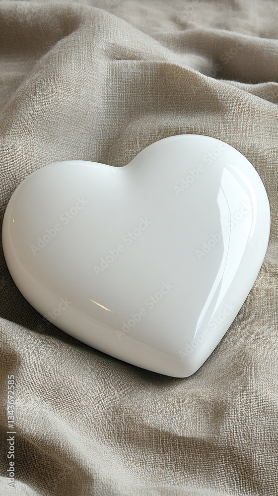 Fototapeta premium A white heart is sitting on a cloth. The heart is white and has a shiny surface. The cloth is a light color and has a pattern. The heart is the main focus of the image and it gives a sense of warmth