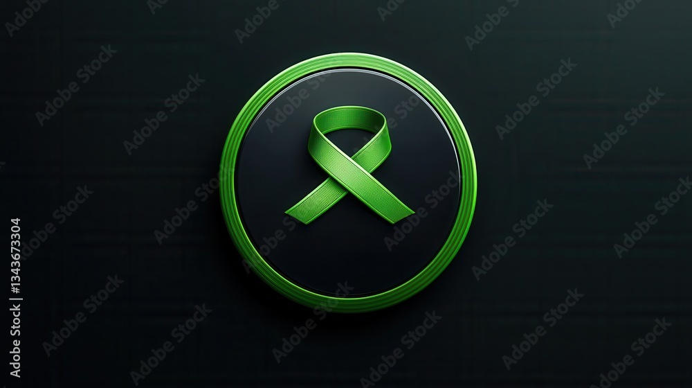 Green Ribbon Badge On Dark Background Representing Mental Health Awareness Green Ribbon Badge On Dark Background Representing Mental Health Awareness