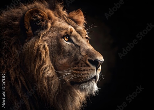 Close-up portrait of a lion looking at the camera with interest against a dark and horror background. The Lion king