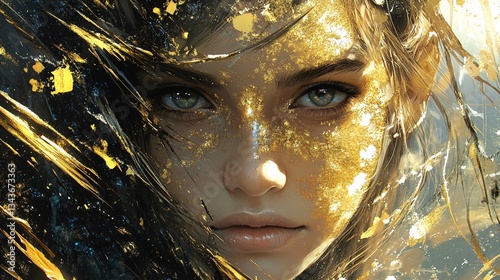 Futuristic Woman with Bronzed Painted Skin and Golden Splatter