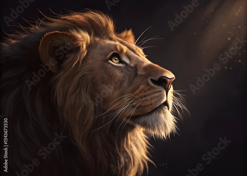 Close-up portrait of a lion looking at the camera with interest against a dark and horror background. The Lion king