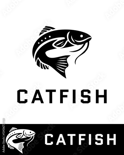 Modern and stylish logo vector featuring an illustration of a catfish with flowing fins and whiskers, in a minimalist black and white style
