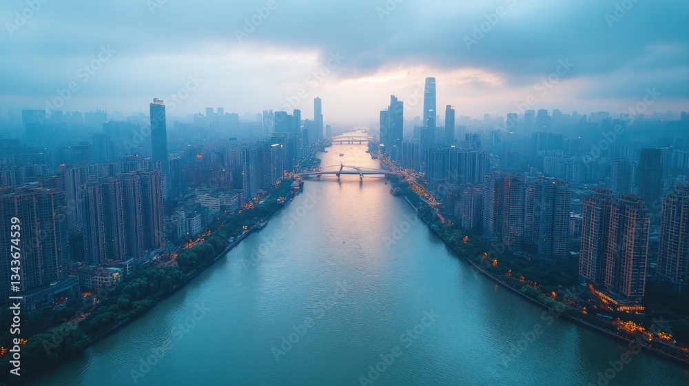 Fototapeta premium Aerial view of city river at dawn