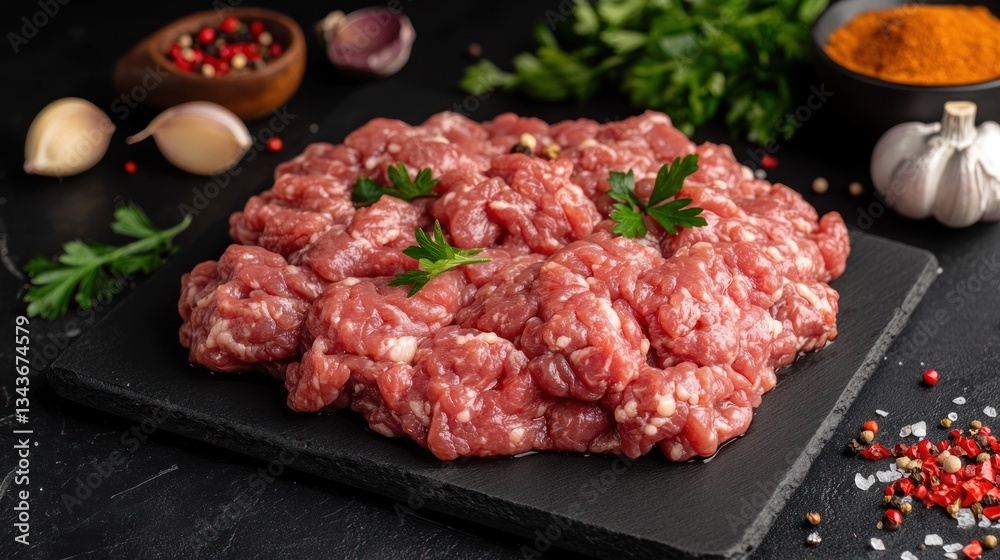Raw ground meat on a slate board, garnished with parsley, ready for cooking. Raw ground meat on a slate board, garnished with parsley, ready for cooking.