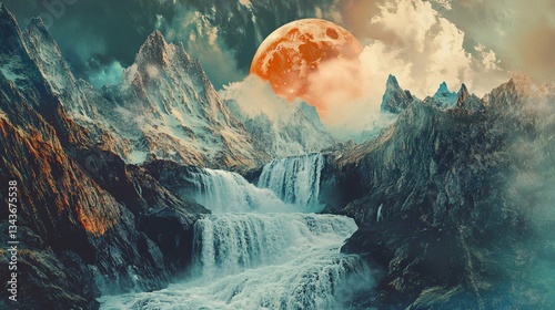 Surreal Digital Composition of Majestic Mountains and Cascading Waterfall