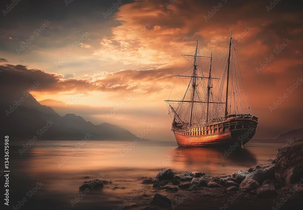 Fototapeta premium An enchanting depiction of an ancient ship sailing across a vibrant seascape. 