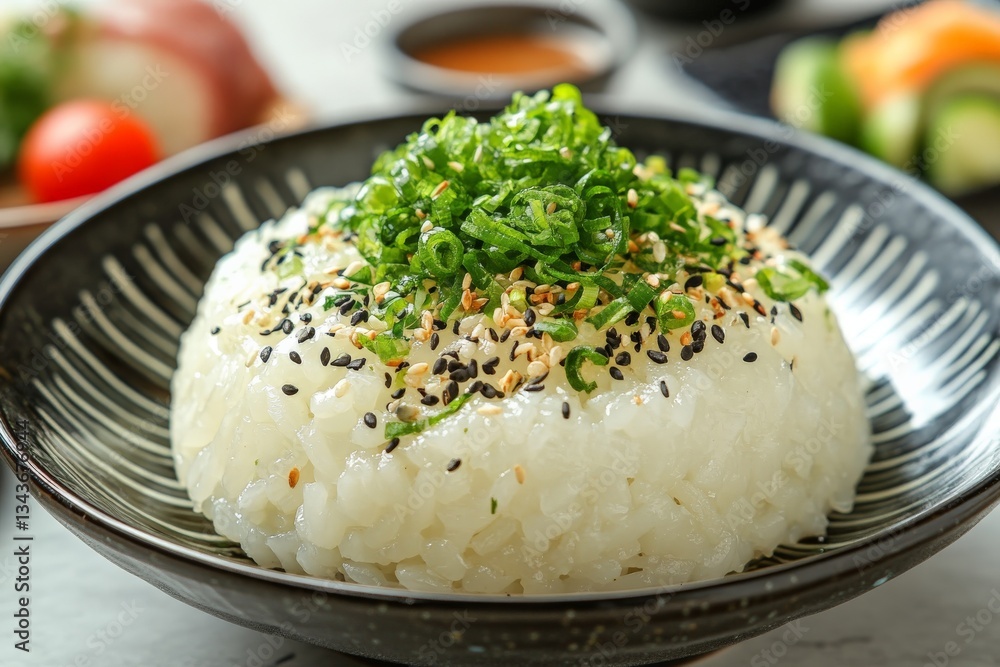 Delicious bowl of seasoned rice topped with green onions and sesame seeds at a Japanese restaurant Delicious bowl of seasoned rice topped with green onions and sesame seeds at a Japanese restaurant