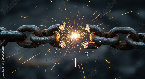 Rusty bold metal chain weakest link breaking apart, sparks, debris flying. Freedom, strength, weakness, resistance, rebellion, breaking barriers concept. High-speed photography, dramatic close-up