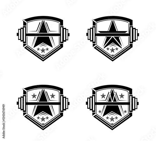 Four gym logo icon set silhouette fitness logos, featuring stylized dumbbells and stars on a shield isolated in white background. Vector illustration eps 10