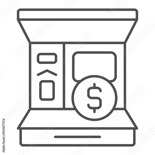 ATM point thin line icon, bank account concept. Vector graphics. Money cash withdrawal machine with dollar coin sign on white background, outline style icon for mobile or web design.