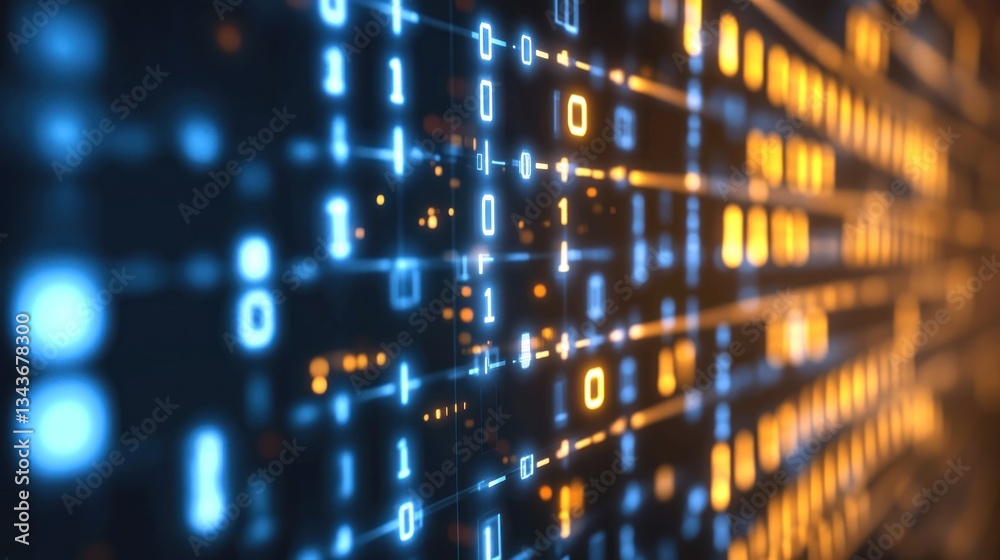 Obraz premium Abstract digital binary code representation with glowing effects.