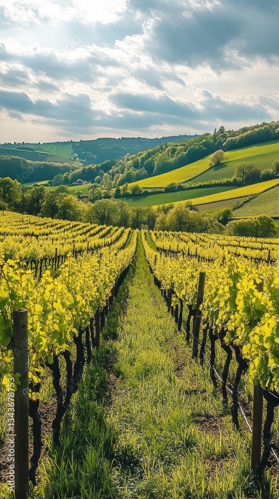 Fototapeta premium Spring vineyard sampling in Burgundy with yellow and green