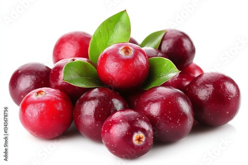 Wallpaper Mural Fresh cranberries with vibrant red color and green leaves arranged neatly on a white surface Torontodigital.ca