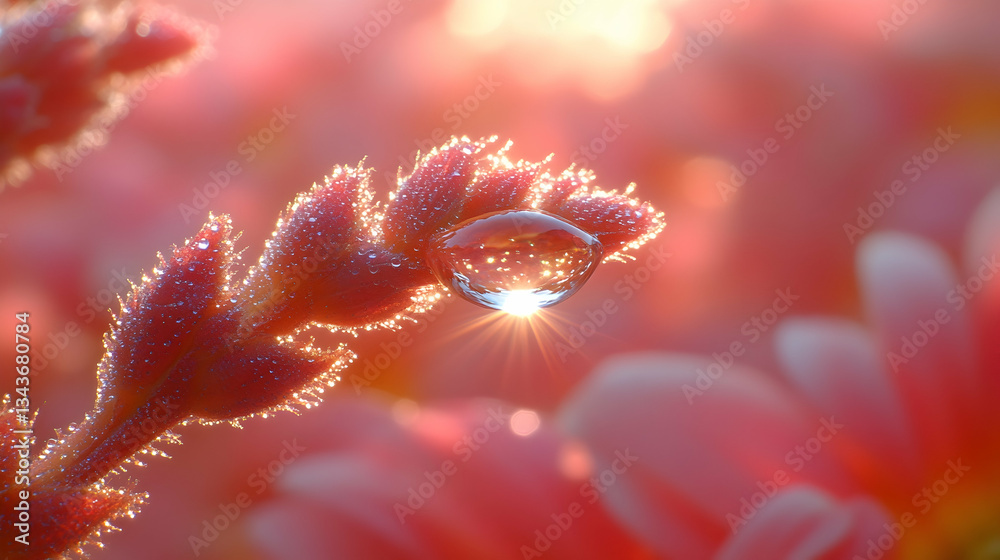 Fototapeta premium Dewdrop on a flower stem, sunrise glow