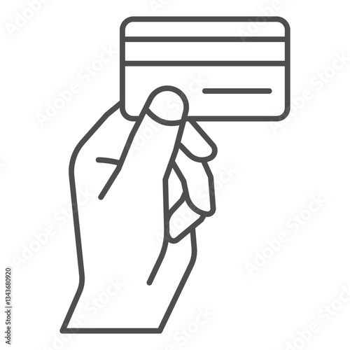 Hand holding credit card thin line icon, bank account concept. Vector graphics. Plastic money card with chip sign on white background, outline style icon for mobile or web design.