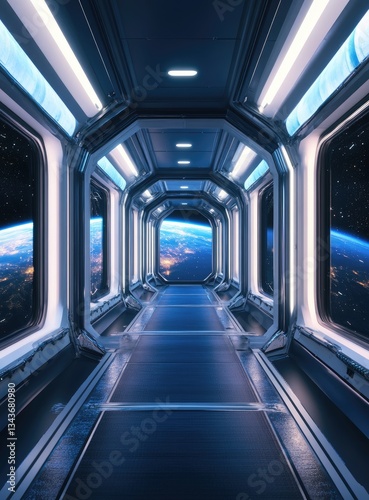 Fototapeta Naklejka Na Ścianę i Meble -  Futuristic spaceship corridor with Earth view (1)