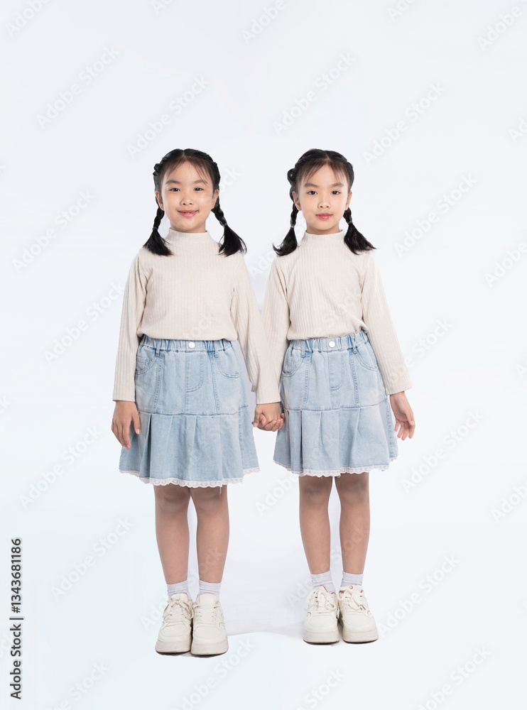 Two cute young girls in matching outfits holding hands, posing against a clean white background, smiling subtly. Two cute young girls in matching outfits holding hands, posing against a clean white background, smiling subtly.