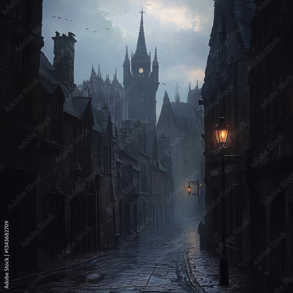 Obraz premium Gloomy alleyway under ominous gothic architecture.